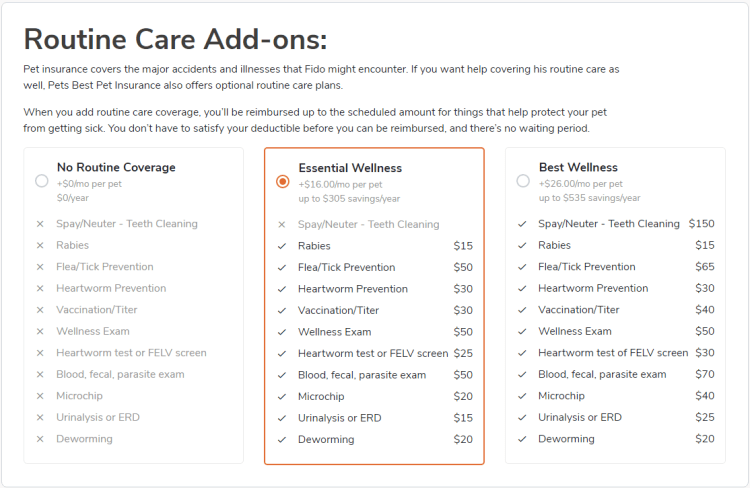 Routine care add-ons for pet insurance